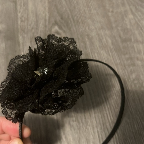 Black lacy and silver satin flower headbands with gem embellishment - Picture 5 of 6